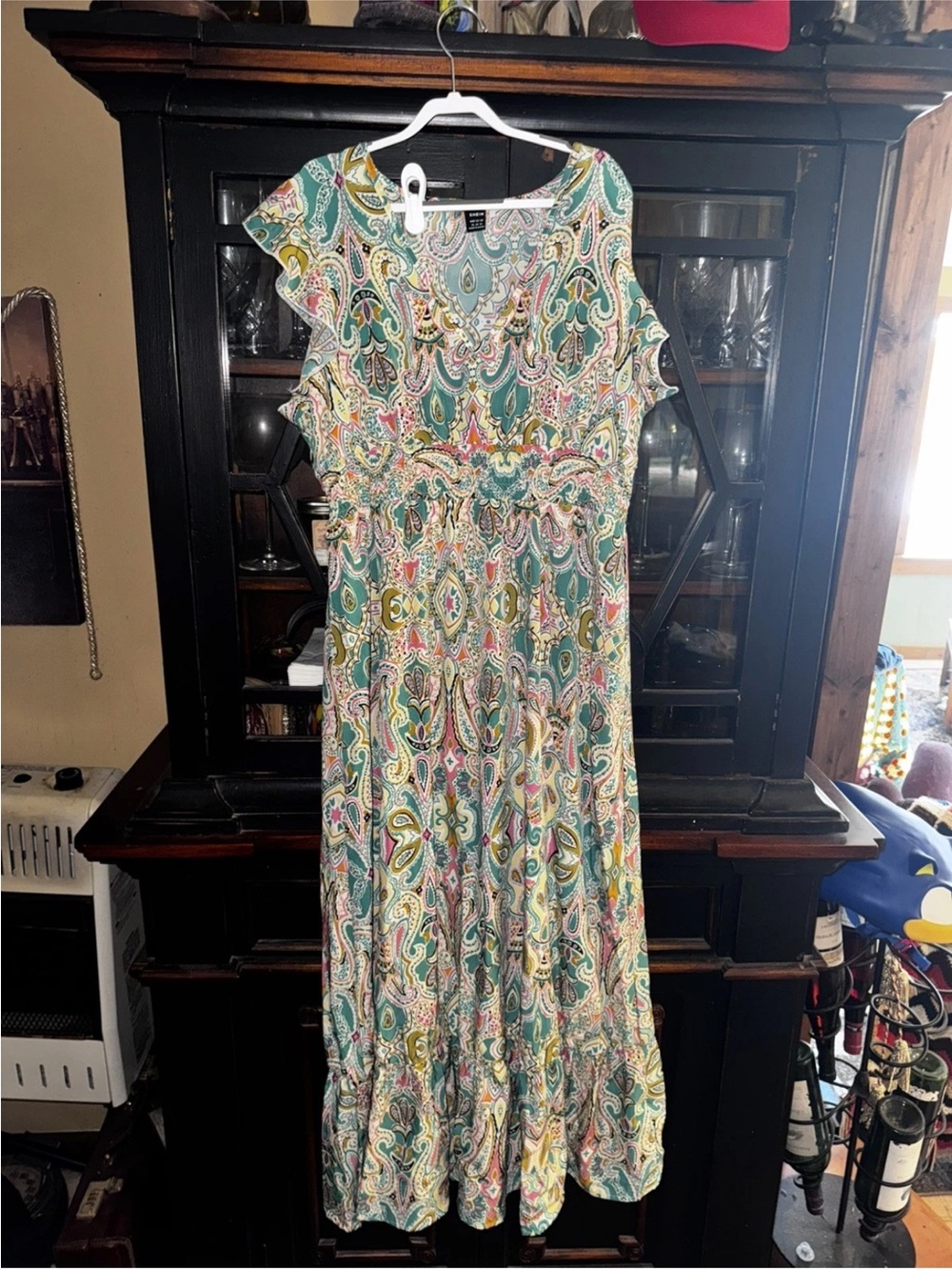 SHEIN Teal Paisley Asymmetrical Maxi Dress with Multicolor Print